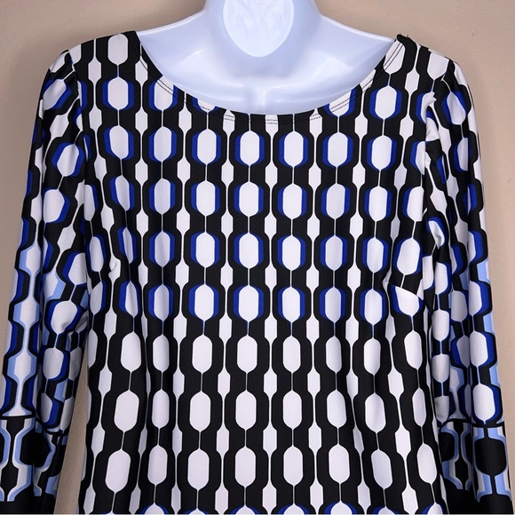 Small AB Studio Blue White Black Dot Print Dress Stretch Event Party Long Sleeve - Picture 8 of 16